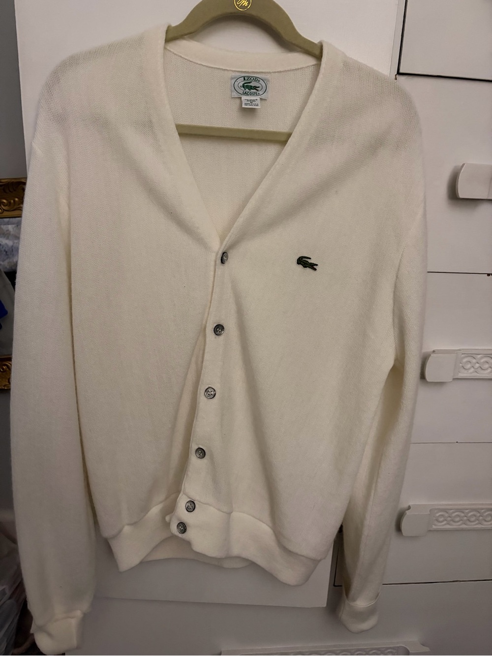 Izod Men's Cream V-Neck Button Cardigan with Green Logo